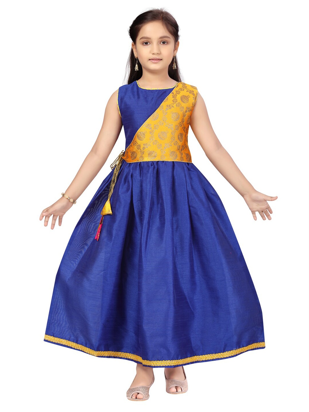 

Aarika Girls Blue & Yellow Colourblocked Layered Silk Maxi Dress