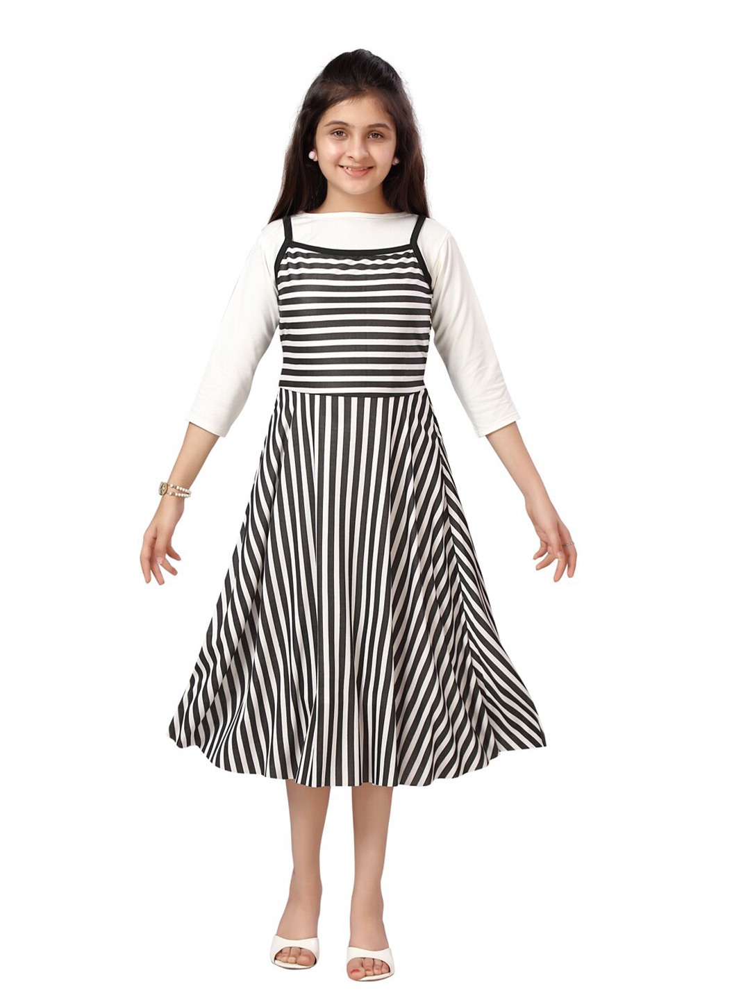 

Aarika Girls Black & White Striped Midi Dress With Inner