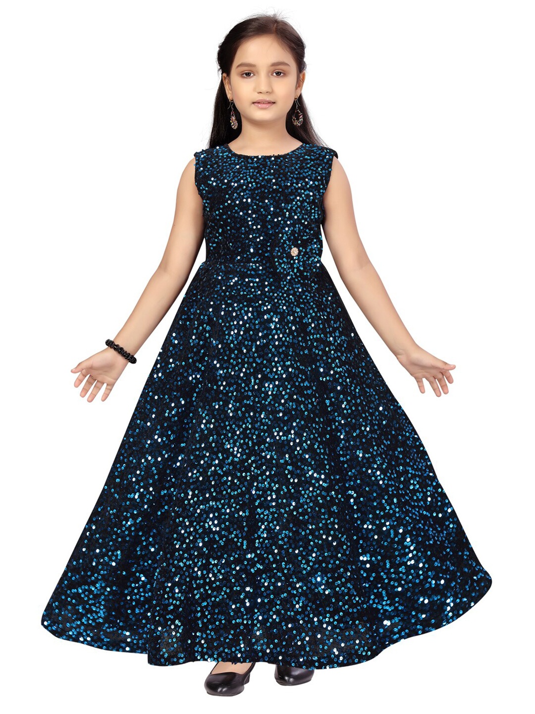 

Aarika Girls Blue Sequins Velvet Maxi Dress