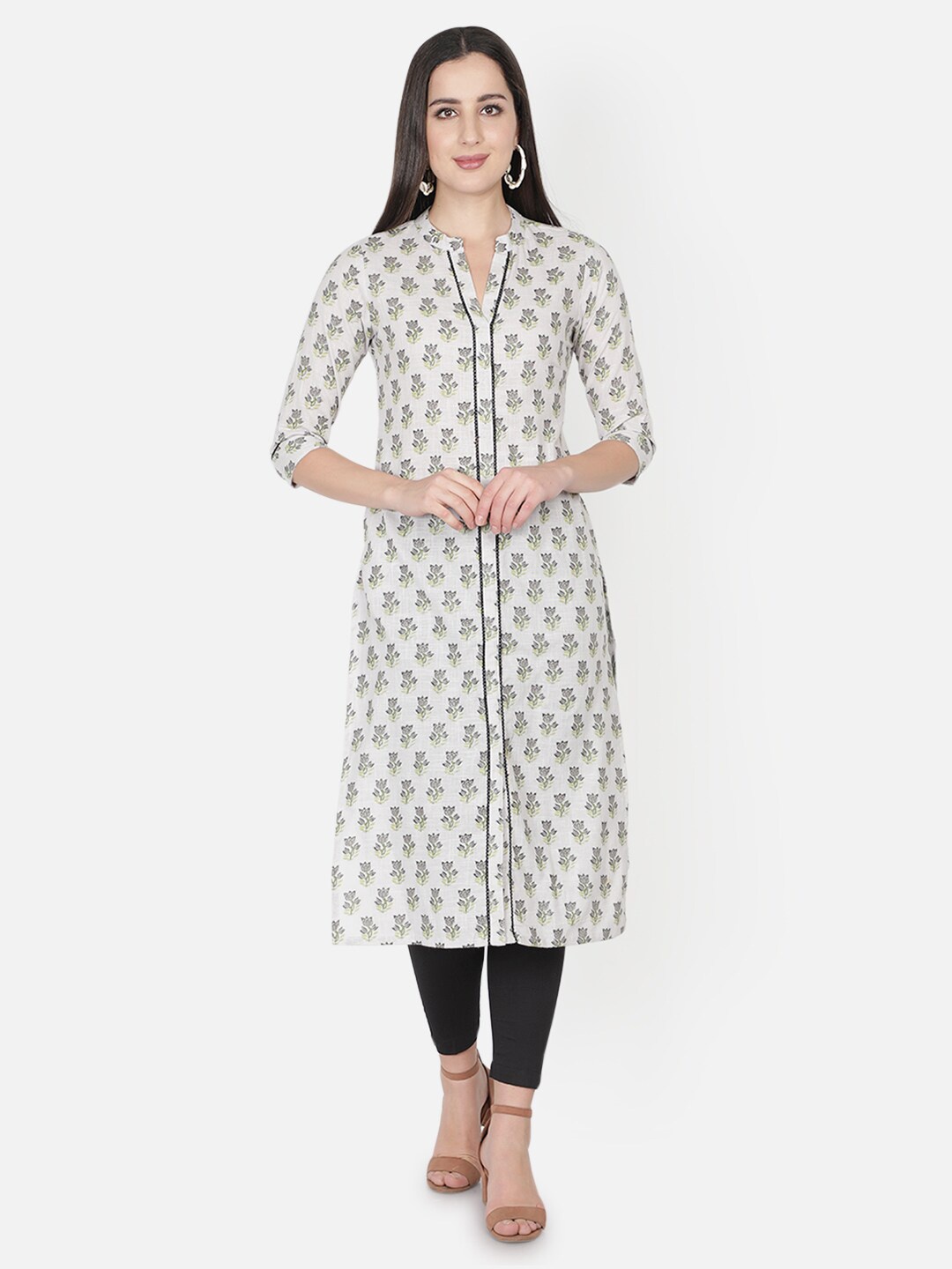 

TRISHLA INDIA Women White & Grey Floral Printed Kurta