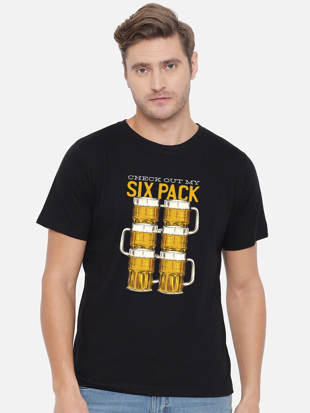 FFLIRTYGO Men Black Typography Printed Applique T-shirt