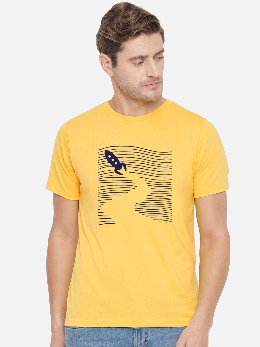 

FFLIRTYGO Men Yellow Printed Regular Fit Cotton T-shirt