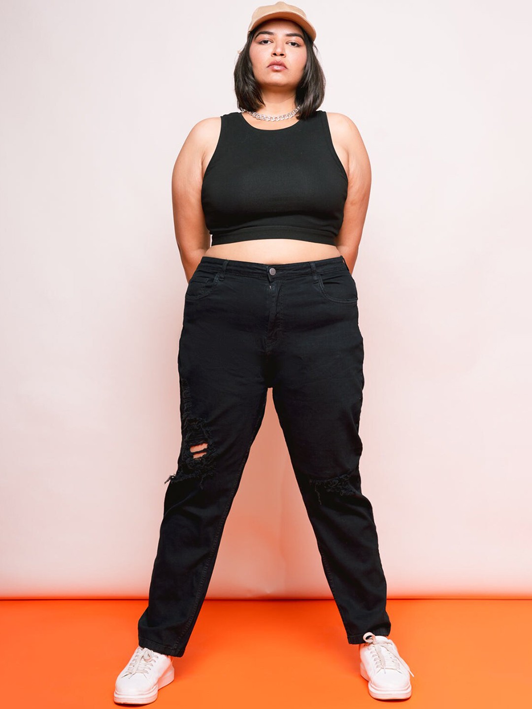 

FREAKINS Women Plus Size Black Boyfriend Fit Mildly Distressed Cotton Jeans