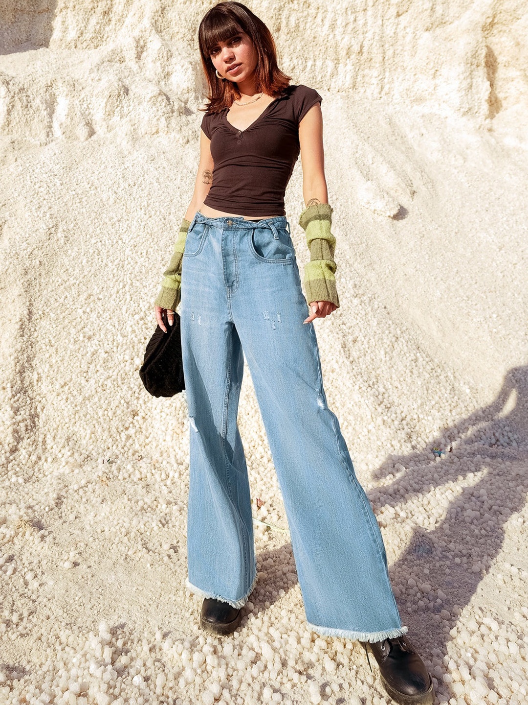 

FREAKINS Women Blue Wide Leg Low Distress Jeans