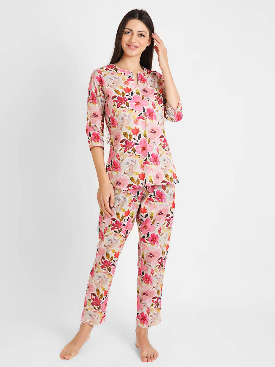 

KOOCHI POOCHI Women Pink & White Printed Cotton Night suit