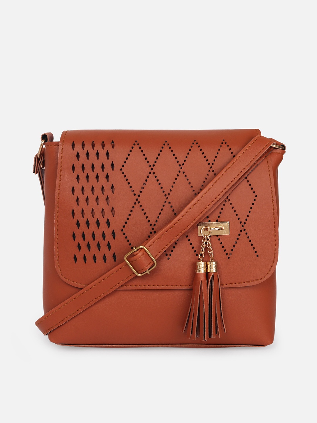 

ATHLISIS Brown Embellished PU Structured Sling Bag with Tasselled