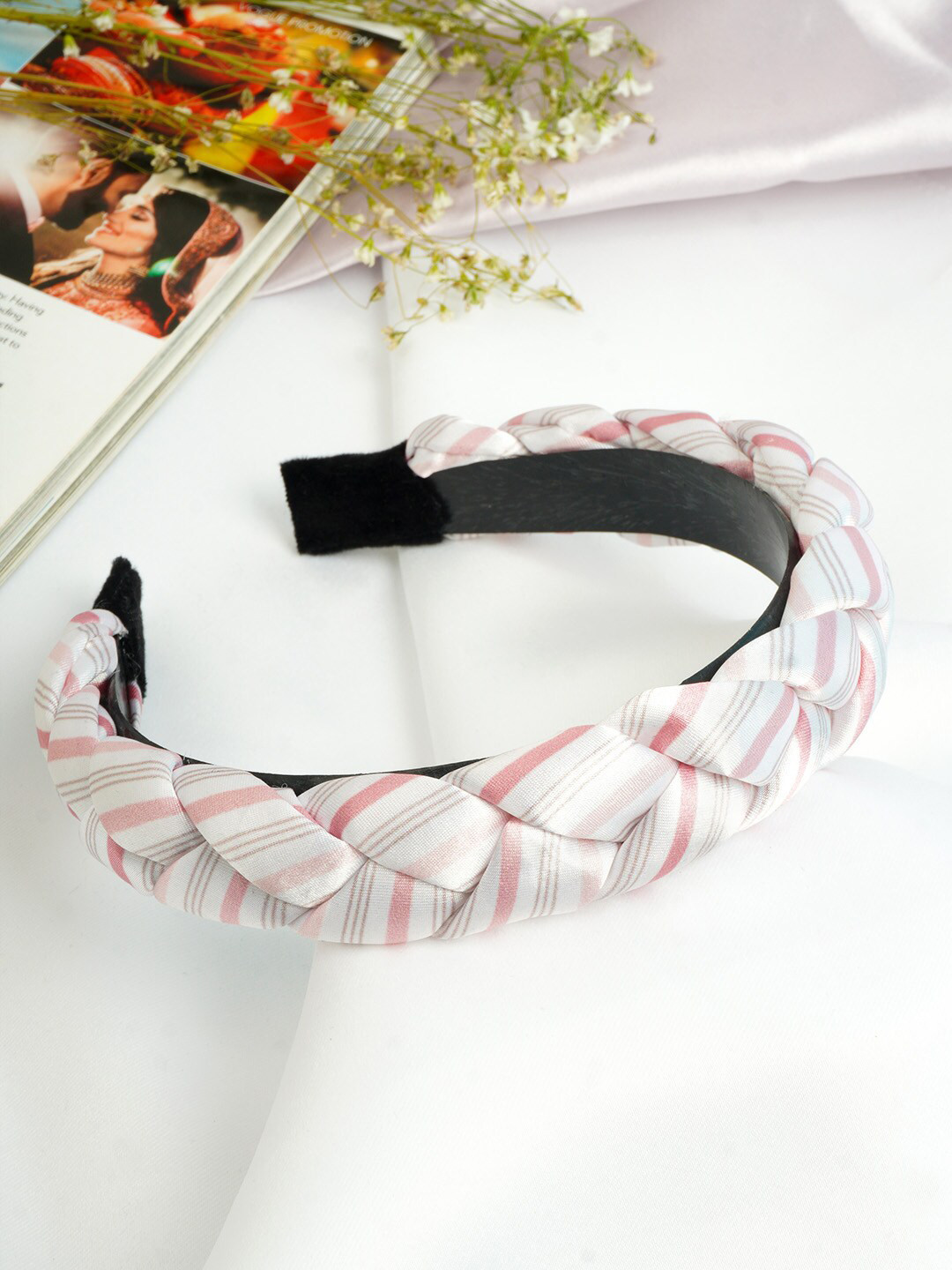 

Ferosh Women White & Peach Striped Braided Hairband