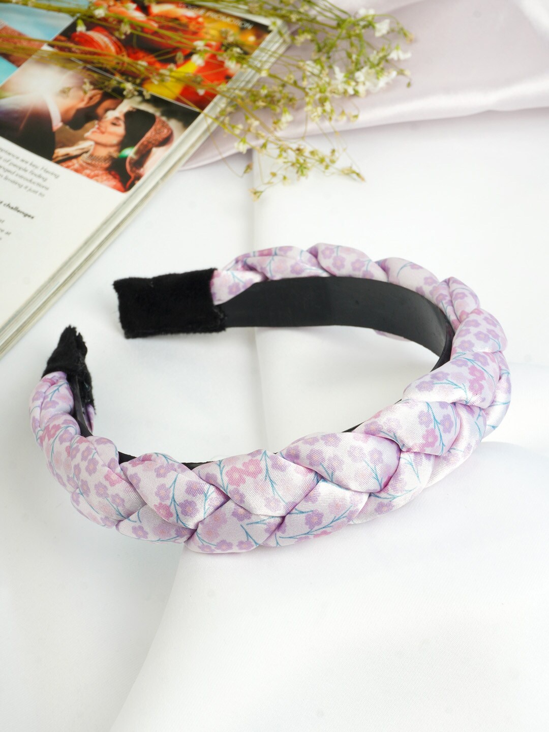 

Ferosh Women White & Purple Floral Printed Braided Hairband