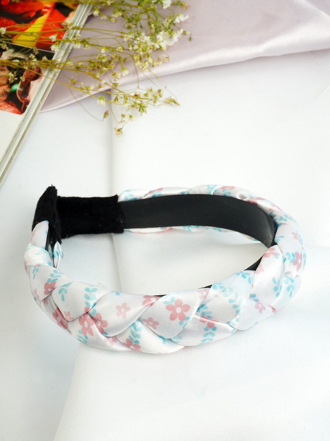 

Ferosh Women White & Pink Floral Printed Braided Hairband