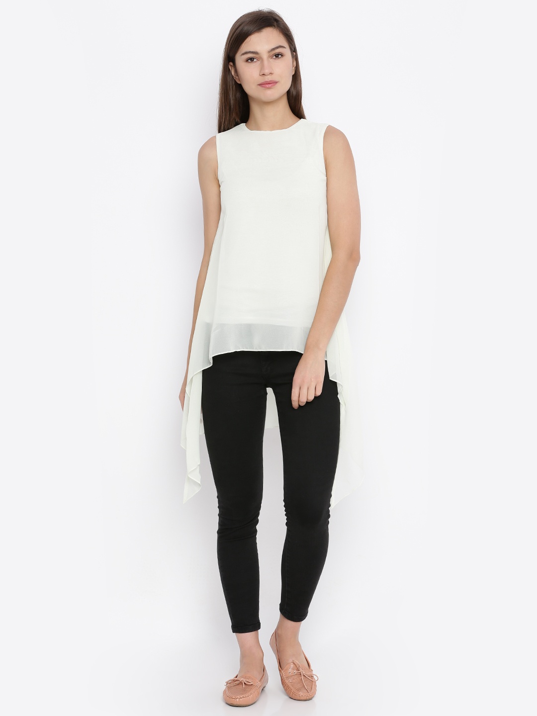 

AND Women Cream-Coloured Solid High-Low Top