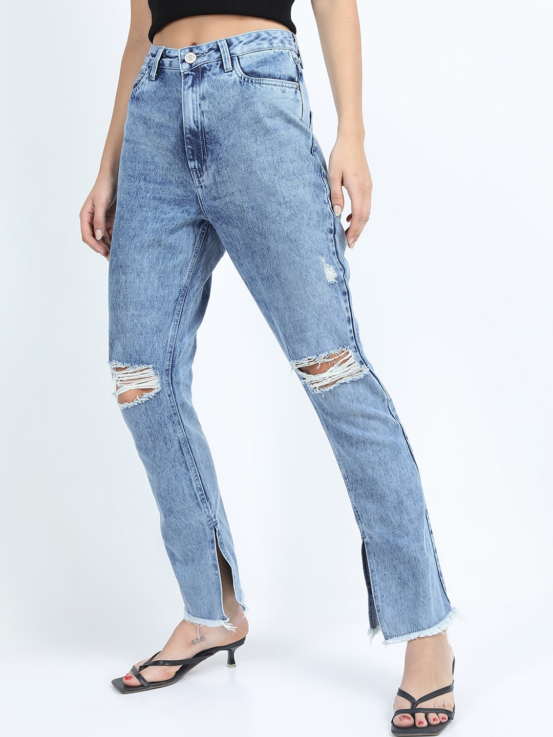 

Tokyo Talkies Women Blue Flared Highly Distressed Heavy Fade Jeans