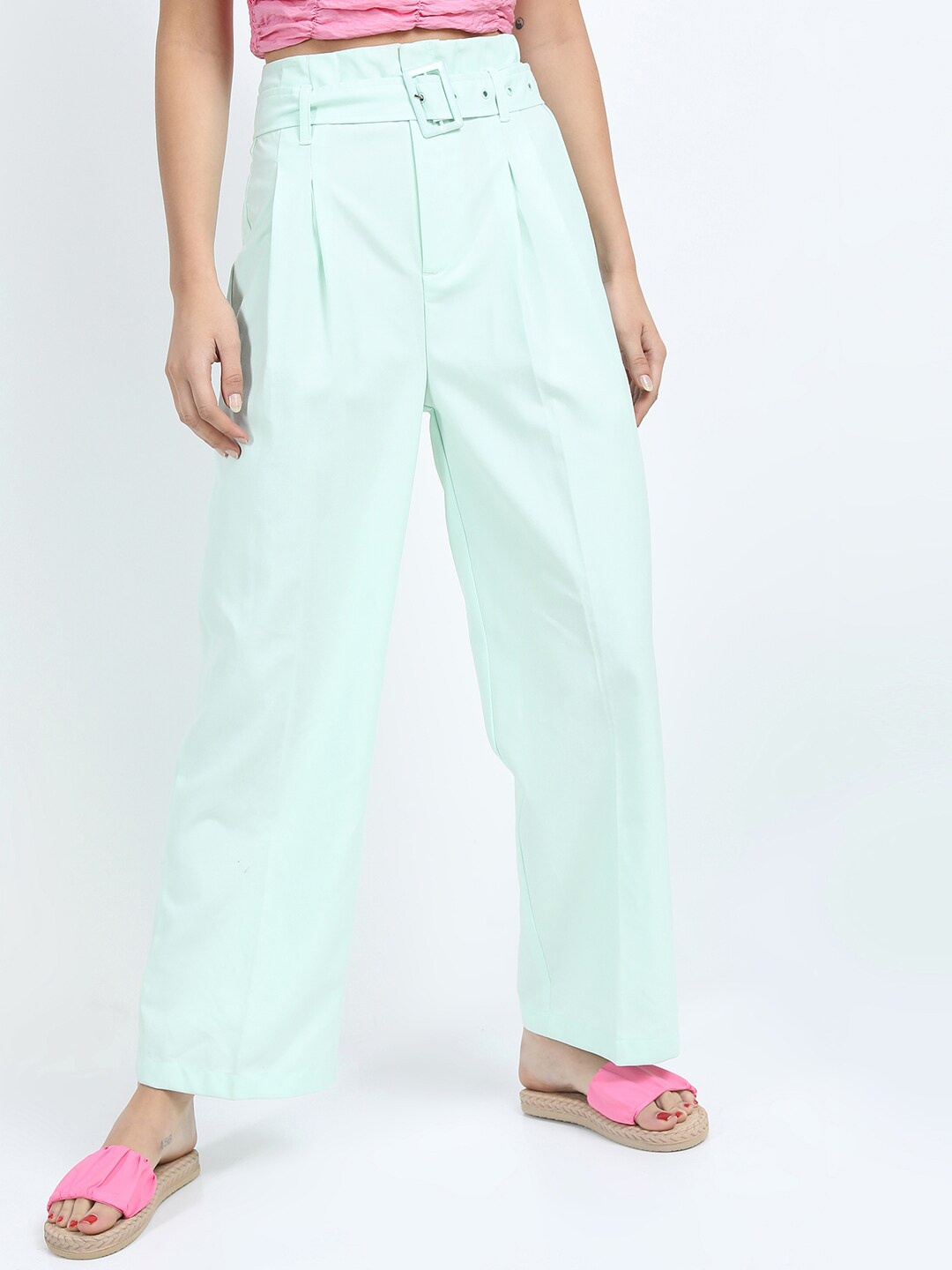 

Tokyo Talkies Women Green Flared High-Rise Trousers