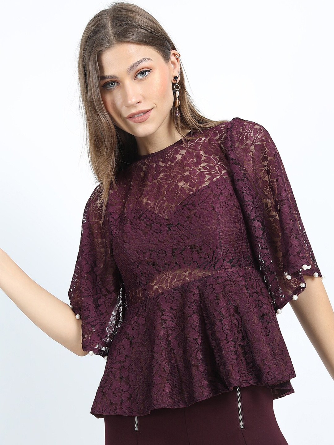 

Tokyo Talkies Women Maroon Self Design Lace Peplum Top