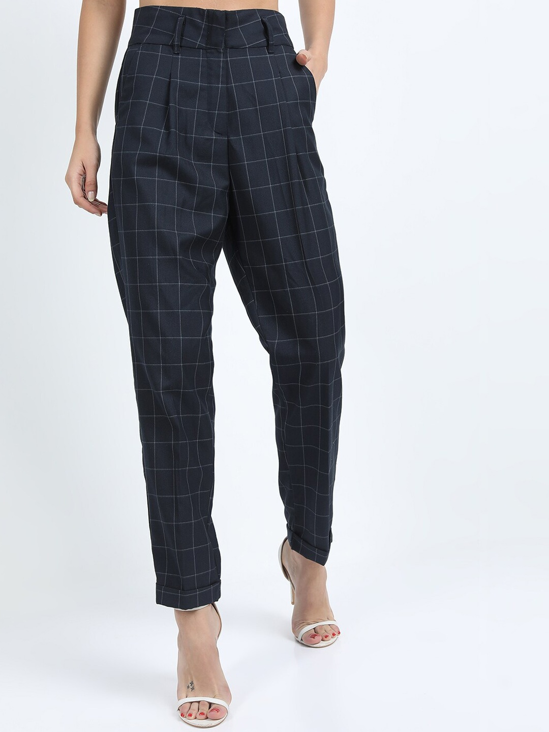 

CHIC BY TOKYO TALKIES Women Navy Blue Checked Straight Fit High-Rise Trousers