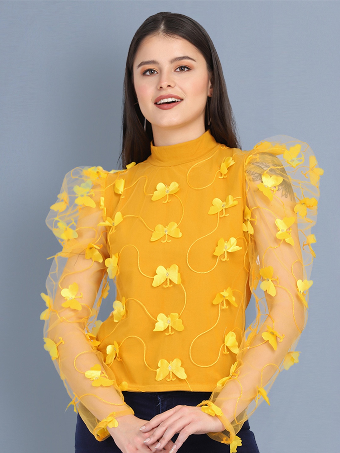 

BUY NEW TREND Women Yellow Floral Print Butterfly Net Applique Top