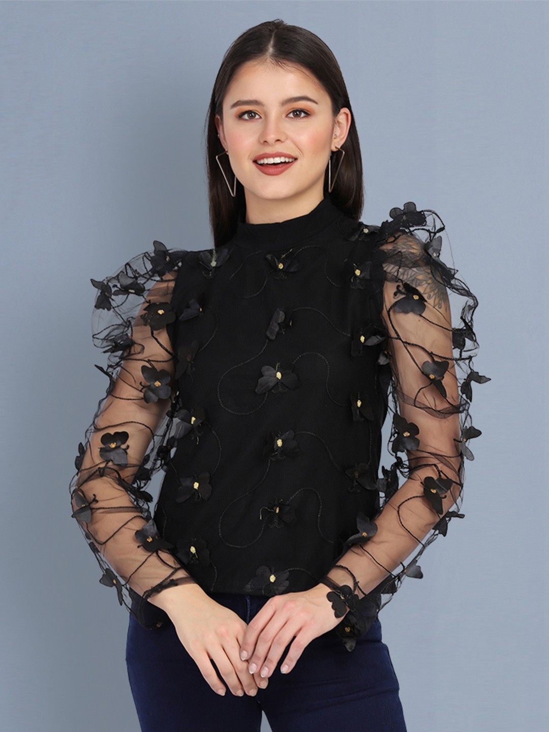 

BUY NEW TREND Black Solid Lace Regular Top With Applique