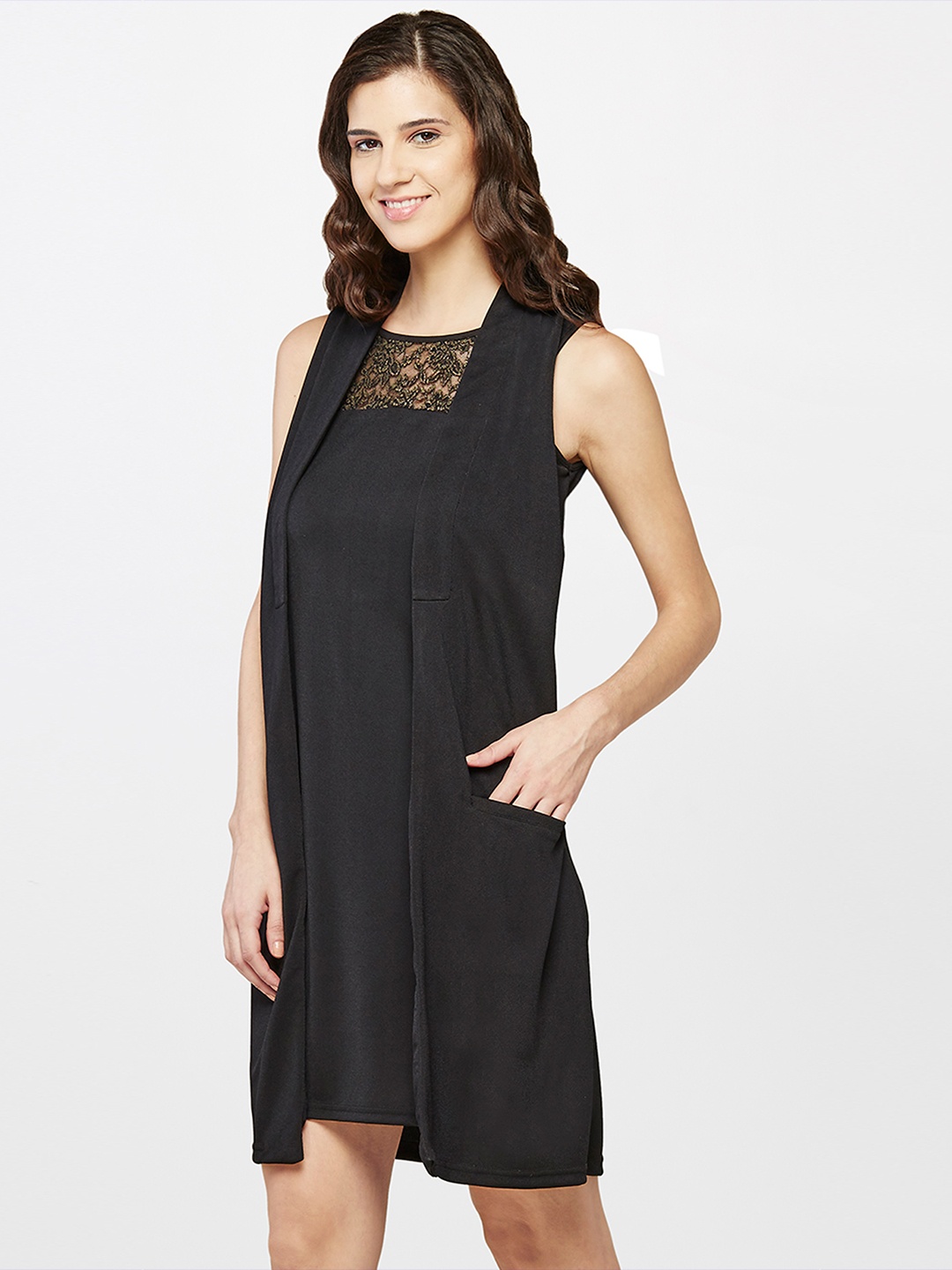 

AND Women Black Layered A-Line Dress