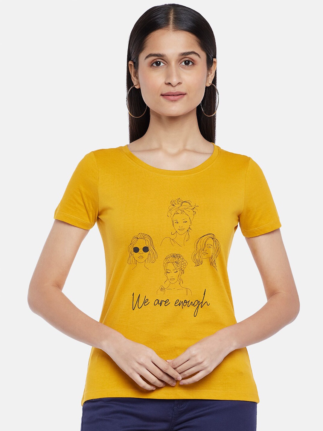 

Honey by Pantaloons Women Mustard Yellow Printed Cotton T-shirt
