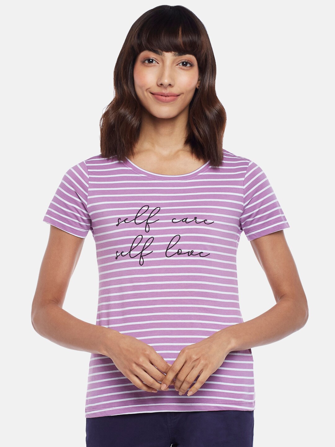 

Honey by Pantaloons Women Lavender & White Striped T-shirt