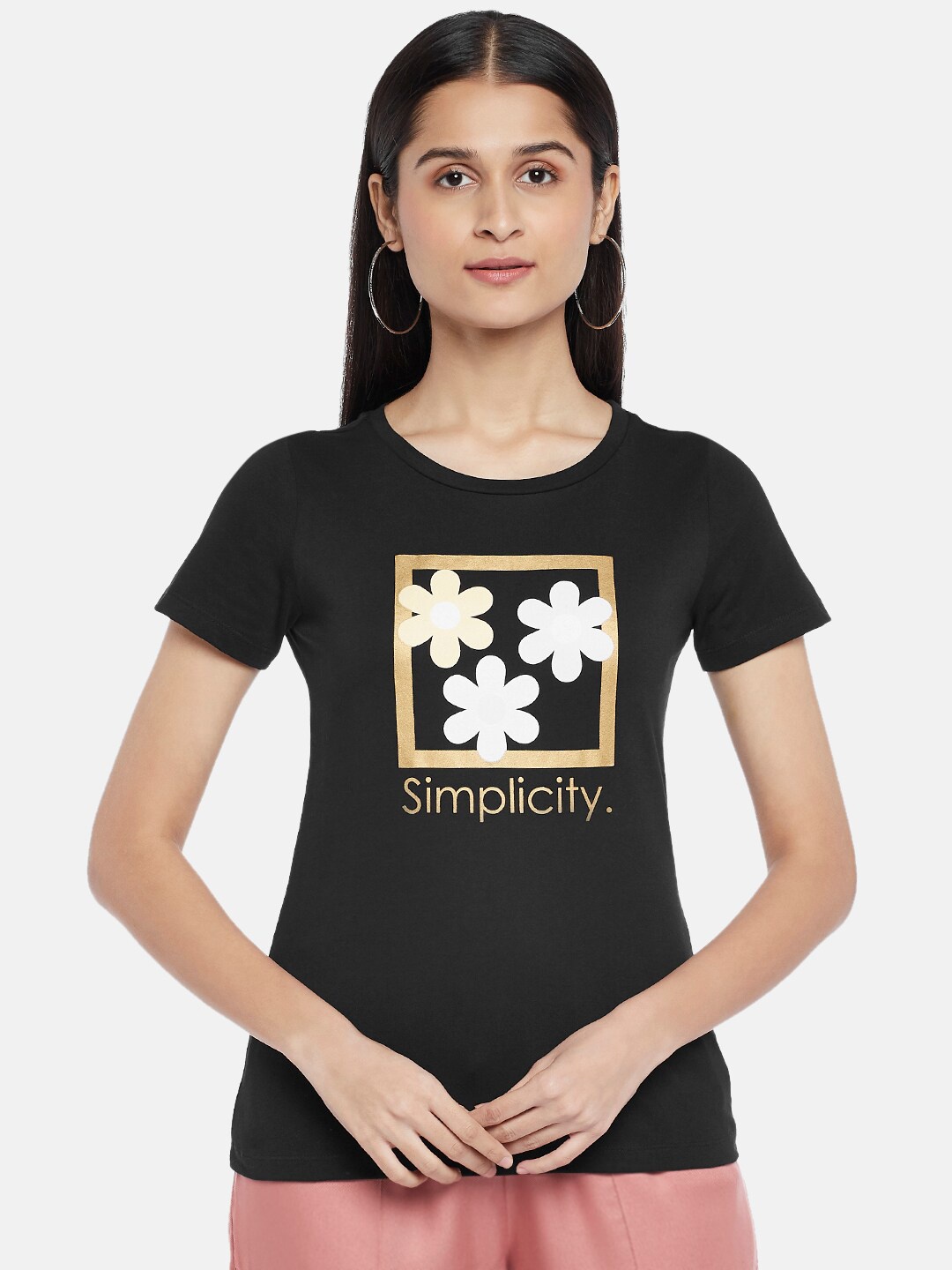 

Honey by Pantaloons Women Black Typography Printed Running T-shirt
