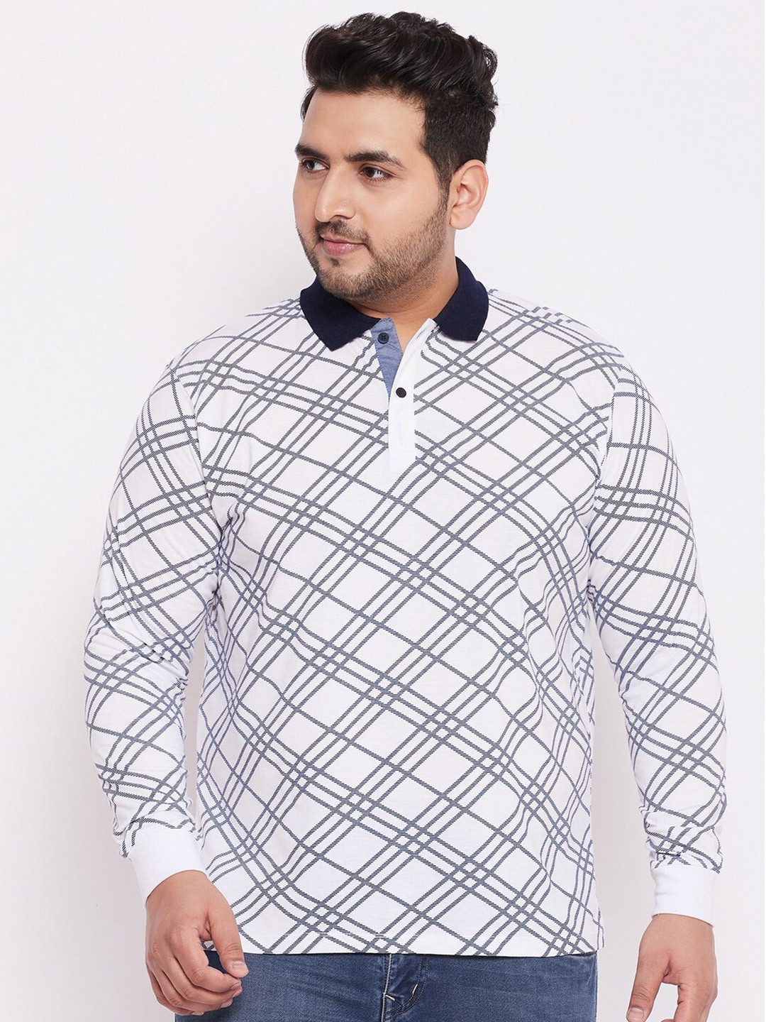 

WILD WEST Plus Men Plus Size White & Blue Checked Polo Collar T-shirt