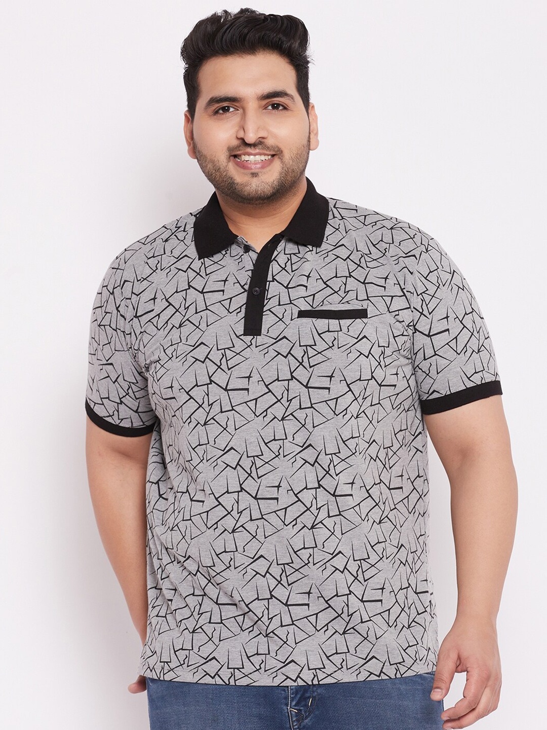 

WILD WEST Plus Plus Size Men Grey Printed Polo Collar T-shirt