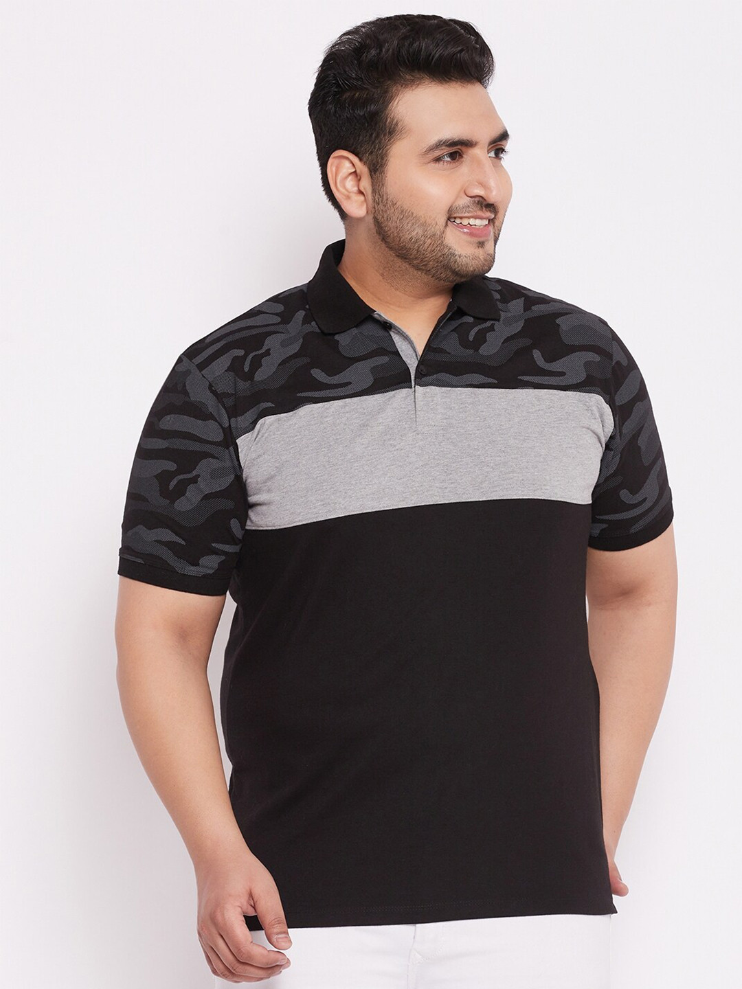 

WILD WEST Plus Size Men Black & Grey Printed Polo Collar T-shirt