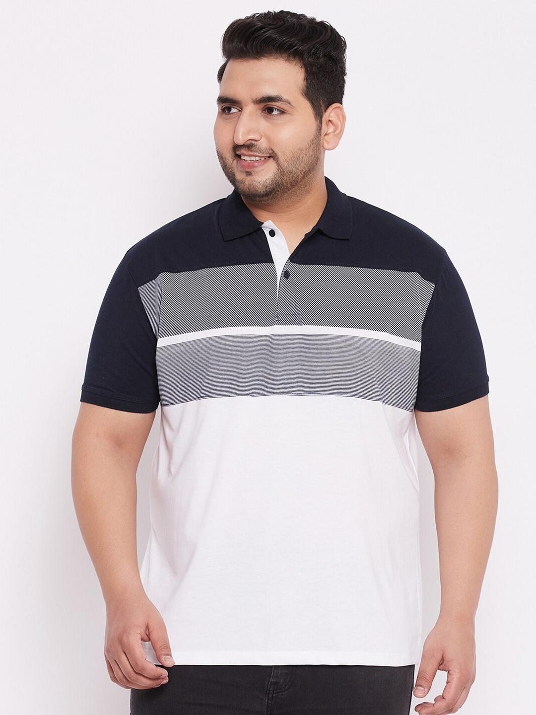 

WILD WEST Plus Men Plus Size White & Navy Blue Colourblocked Polo Collar T-shirt