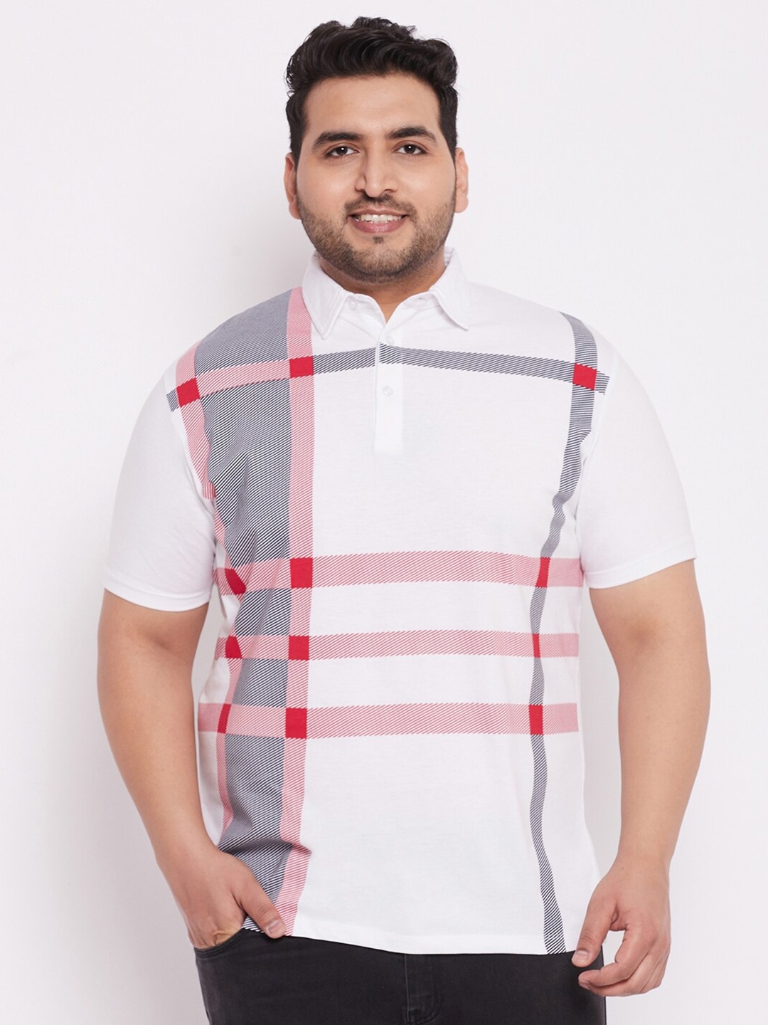 

WILD WEST Plus Size Men White & Grey Checked Polo Collar Cotton T-shirt