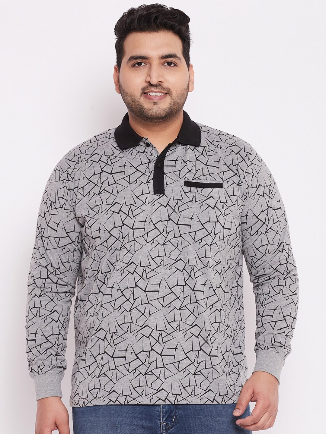 

WILD WEST Plus Men Plus Size Grey & Black Printed Polo Collar Cotton T-shirt