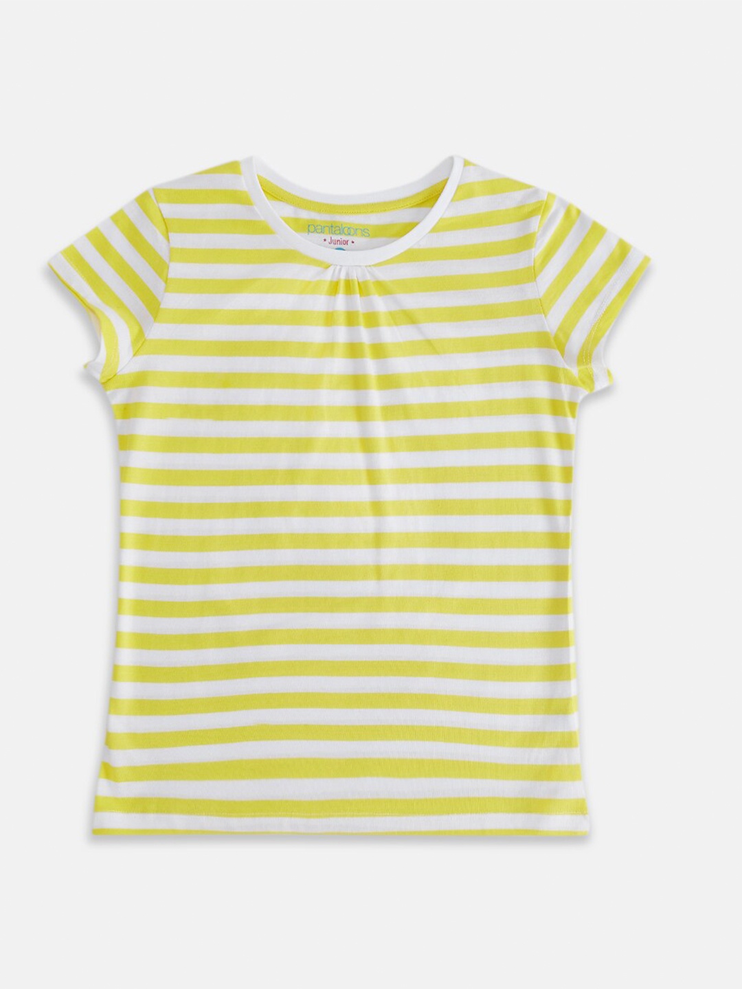 

Pantaloons Junior Girls Yellow Striped Cotton T-shirt