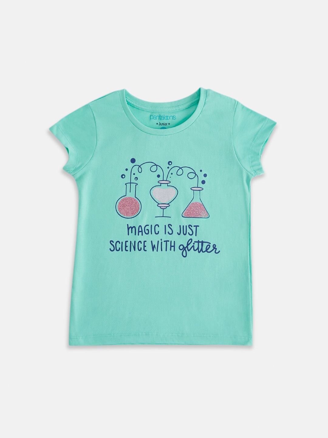 

Pantaloons Junior Girls Green Typography Printed Cotton T-shirt