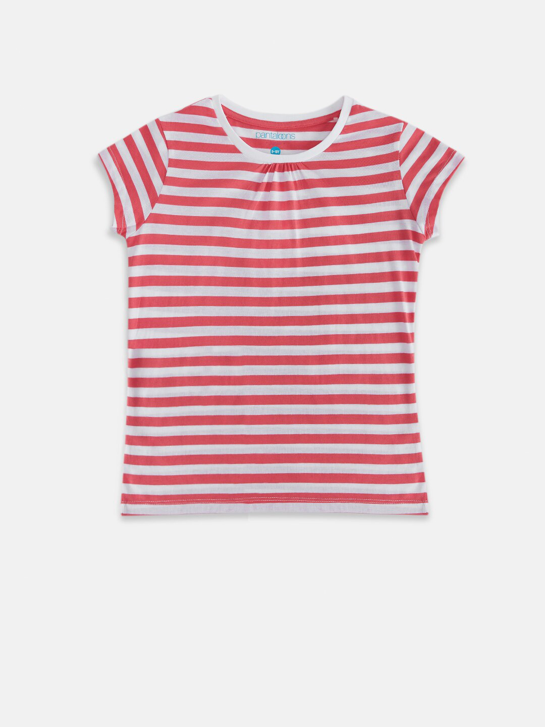 

Pantaloons Junior Girls Coral Pink & White Striped Cotton T-shirt