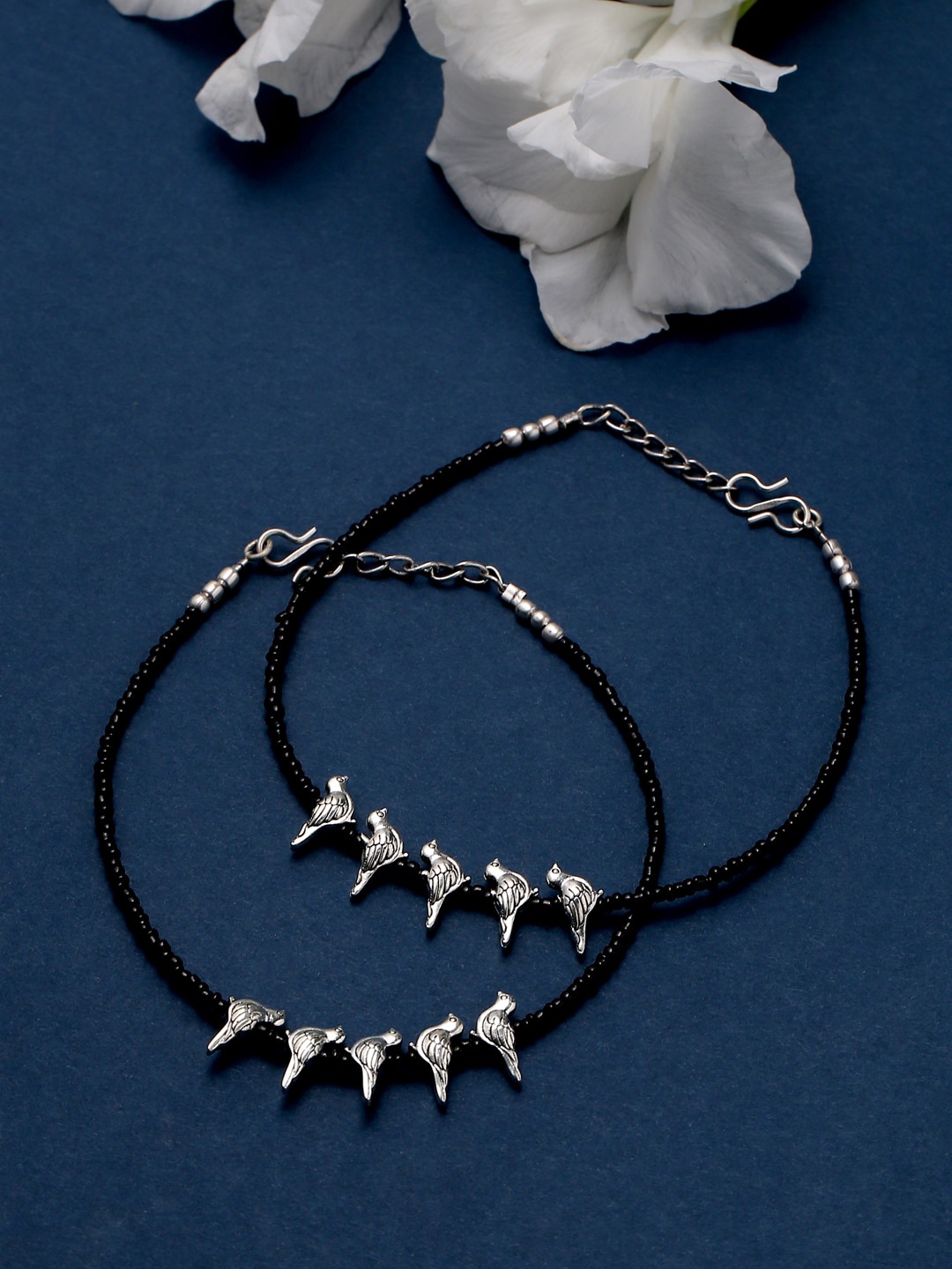 

VIRAASI Set of 2 Black & Silver-Toned Oxidised Beaded Anklets