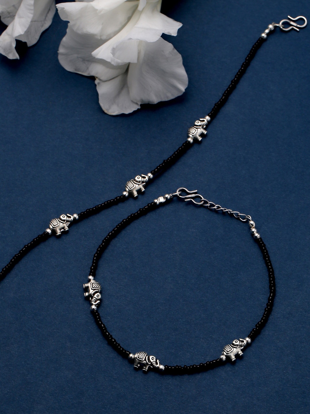 

VIRAASI Set of 2 Black Beaded Elephant Anklets