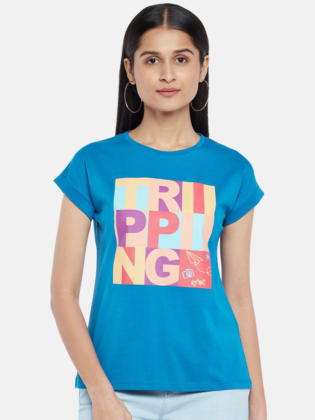

People Women Blue Typography Printed Cotton T-shirt