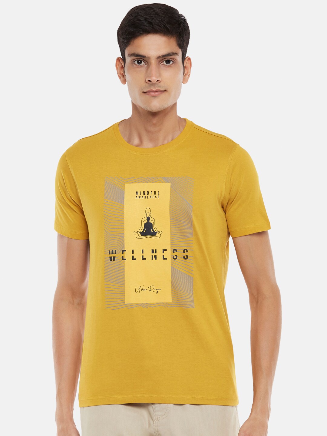 

Urban Ranger by pantaloons Men Mustard Yellow Printed Slim Fit Cotton Running T-shirt