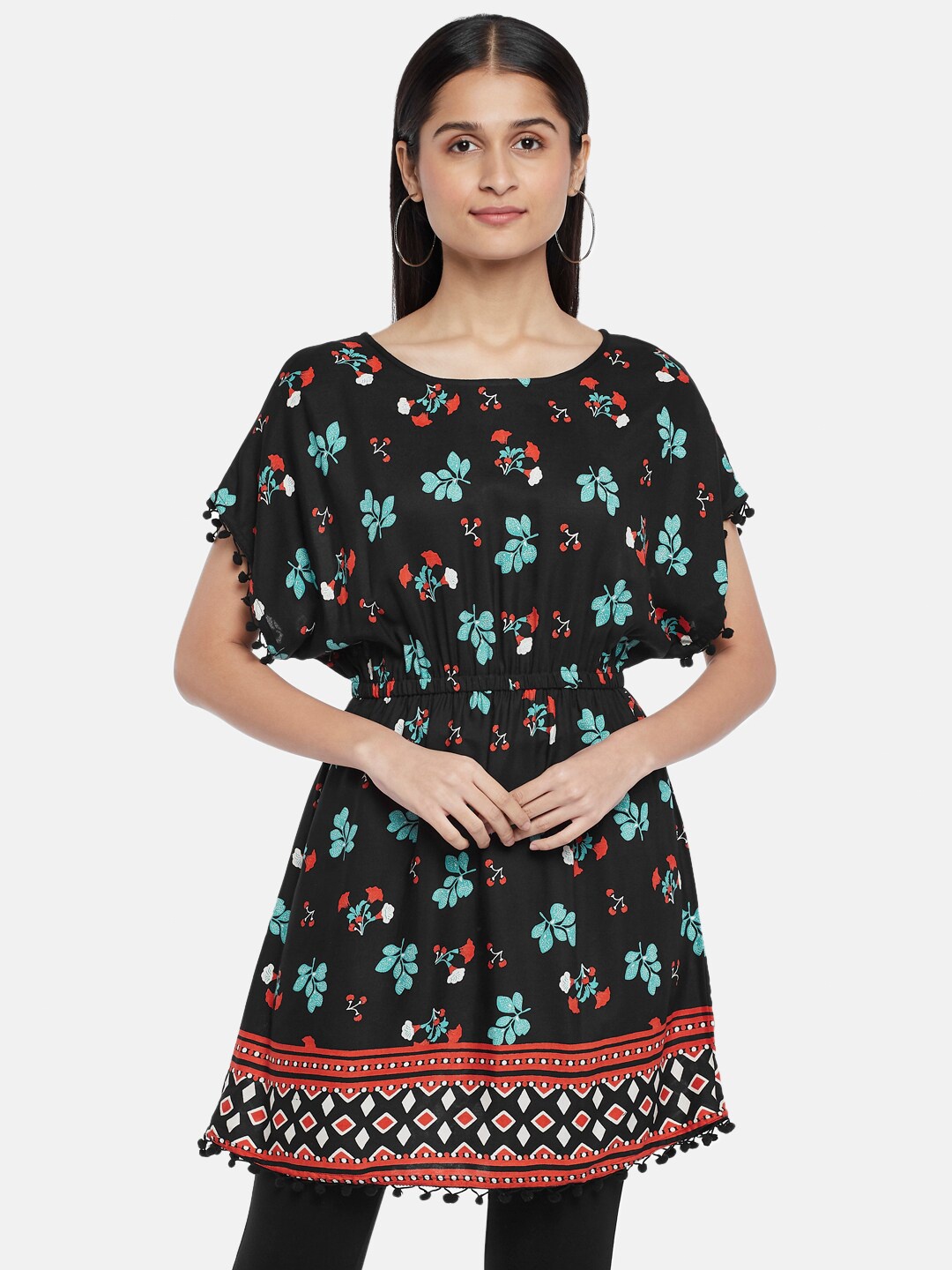 

People Black & Turquoise Blue Viscose Rayon Printed Tunic