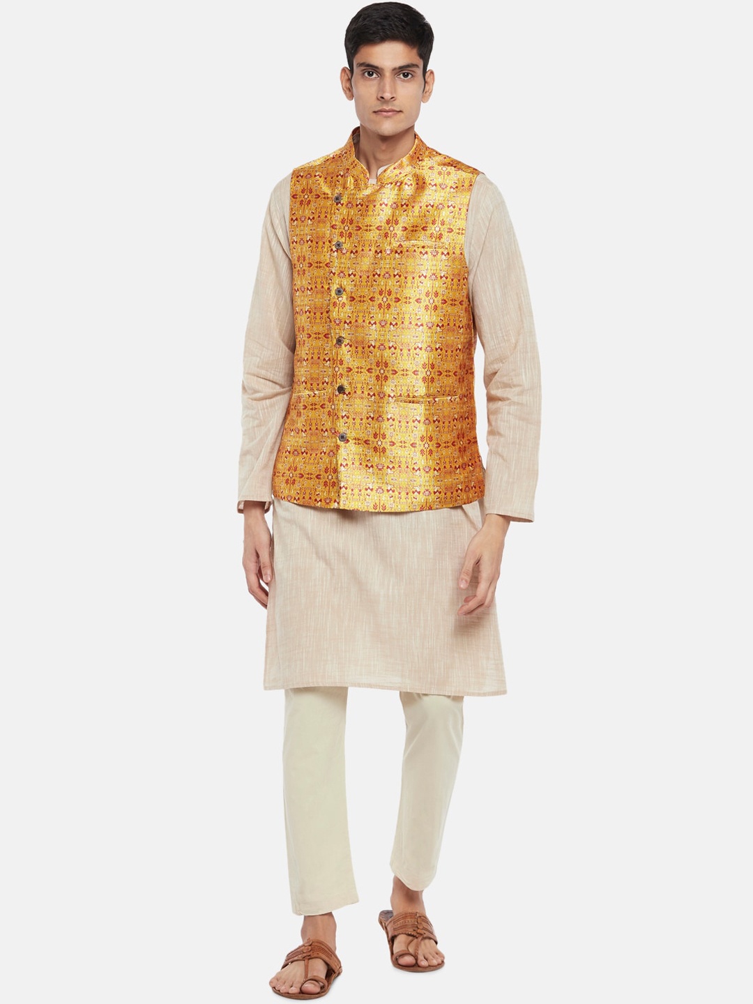 

indus route by Pantaloons Men Mustard Yellow Printed Waistcoat