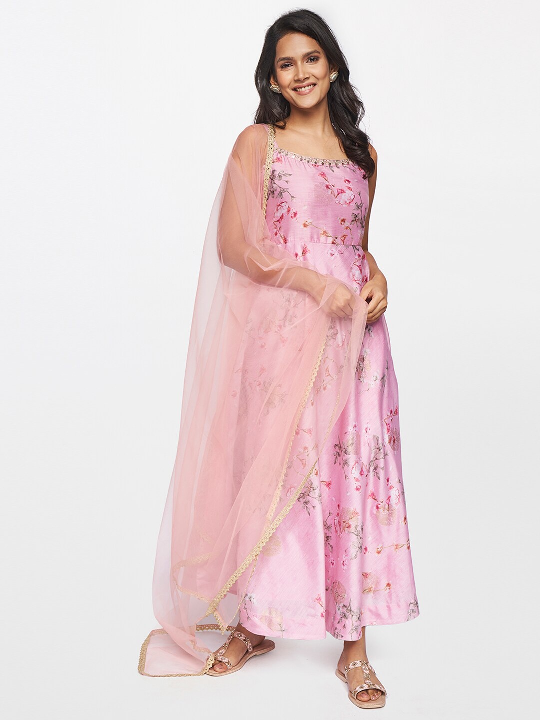 

itse Women Pink Floral Printed Anarkali Kurta With Dupatta