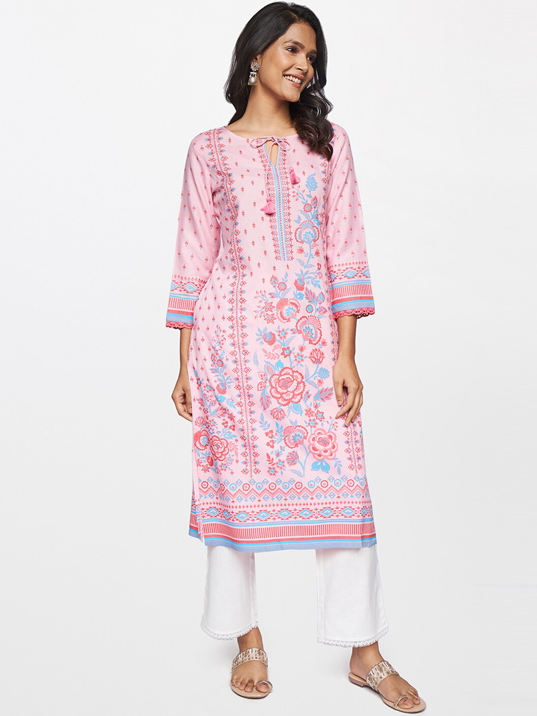 

itse Women Pink Ethnic Motifs Printed Keyhole Neck Kurta