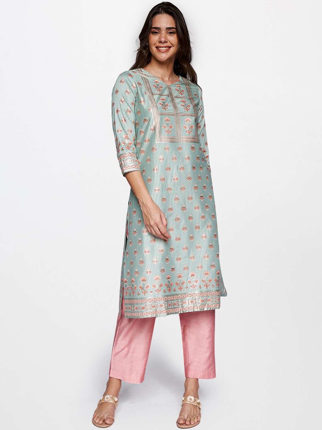 

itse Women Blue Floral Striped Flared Sleeves Anarkali Kurta