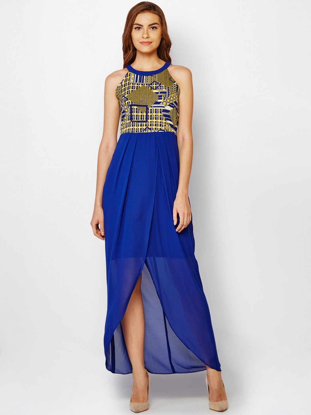 

AND Women Blue & Yellow Printed High-Low Dress