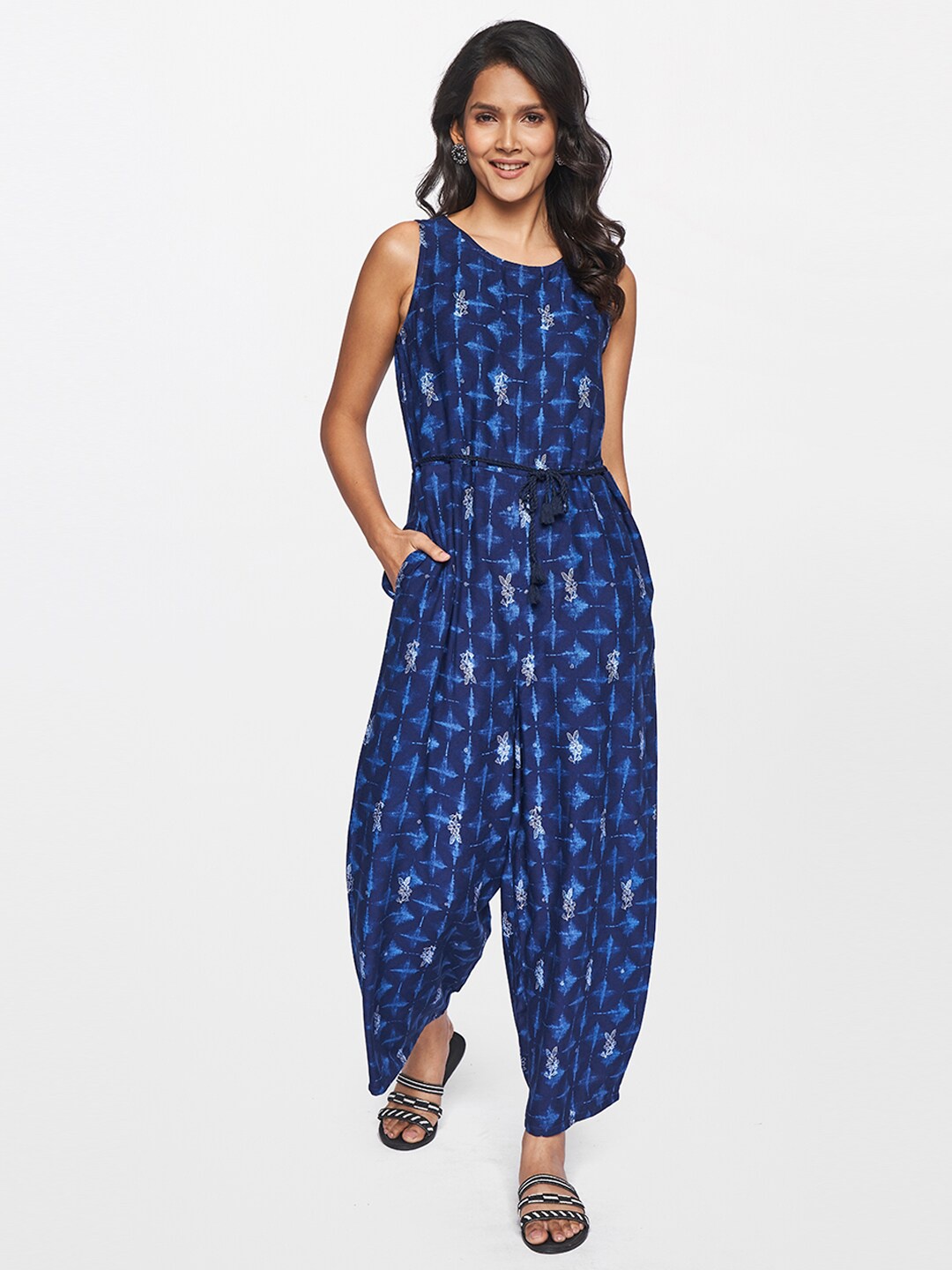 

itse Navy Blue & White Printed Basic Jumpsuit