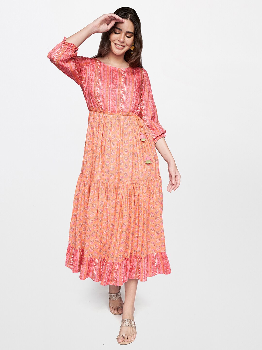 

itse Orange & Pink Floral Ethnic Tiered Midi Dress