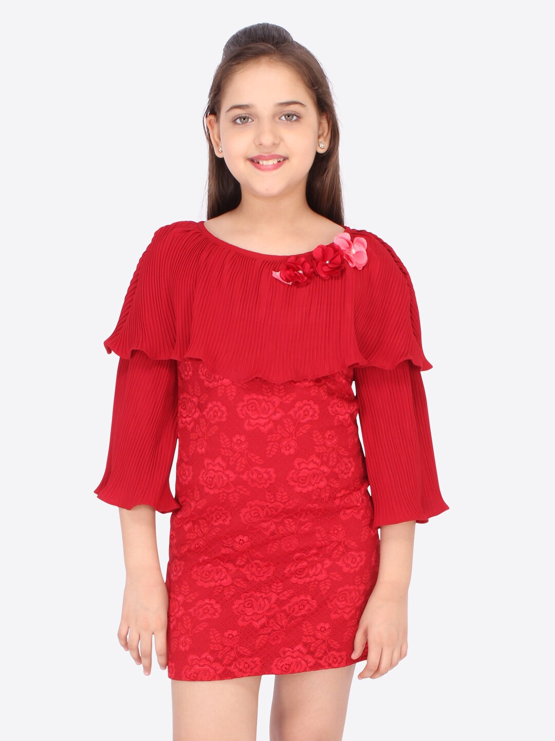 

CUTECUMBER Girls Red Lace Self-Design Pleated Sheath Dress