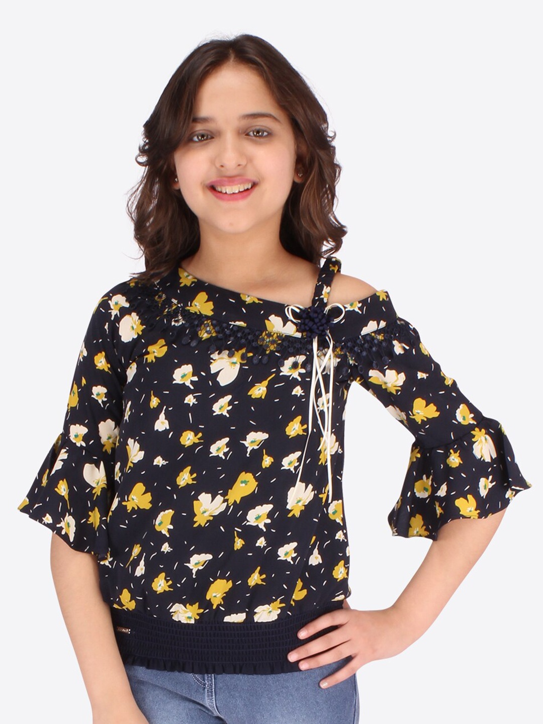 

CUTECUMBER Girls Navy Blue Floral Print Georgette Top