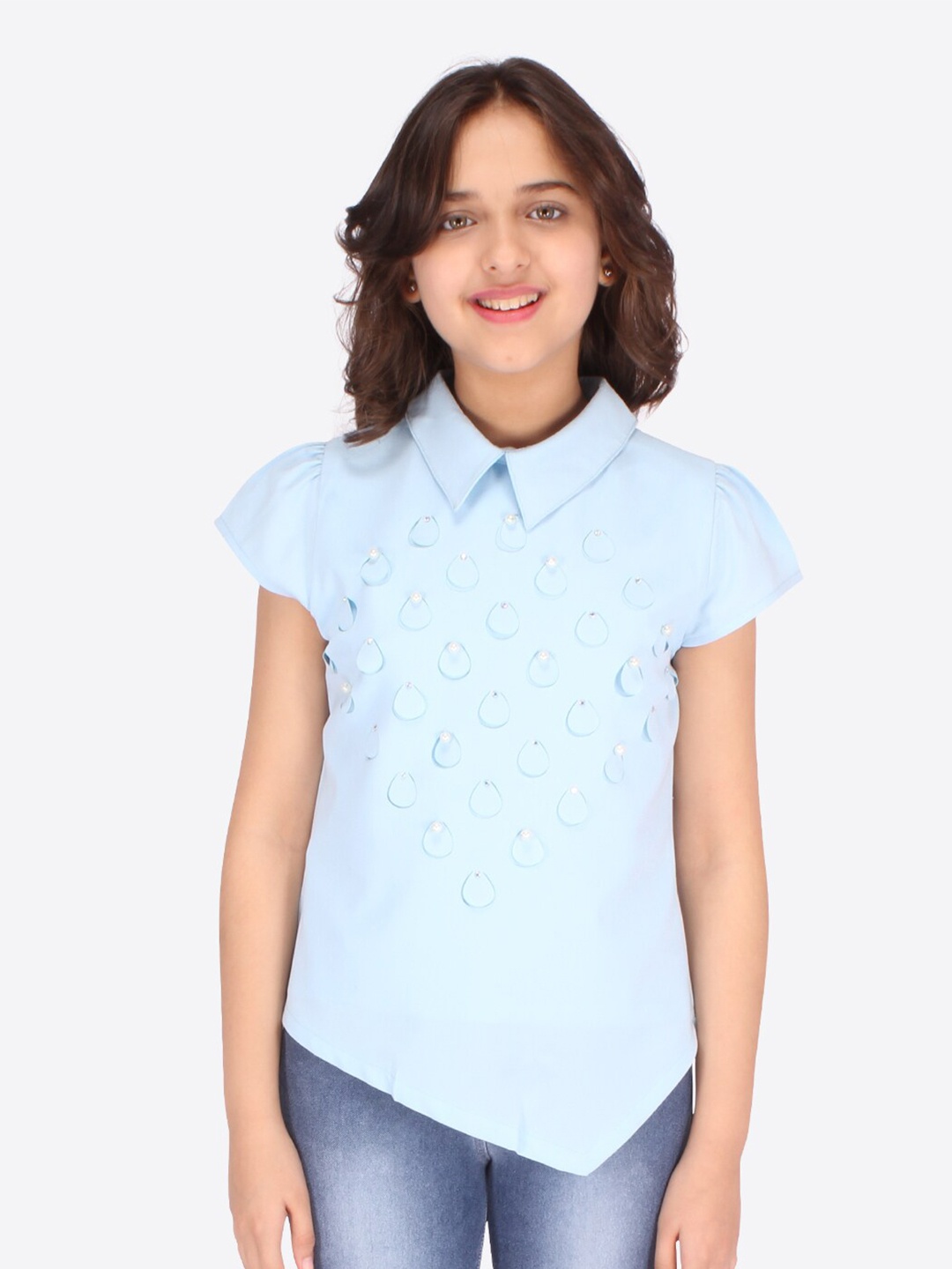 

CUTECUMBER Blue Embellished Georgette Shirt Style Top