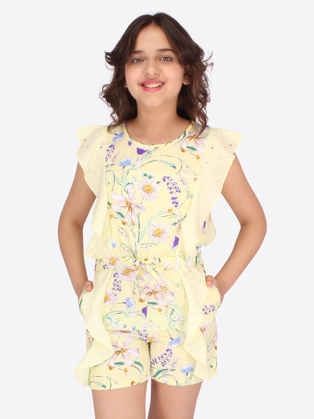 

CUTECUMBER Girls Yellow Floral Printed Jumpsuit