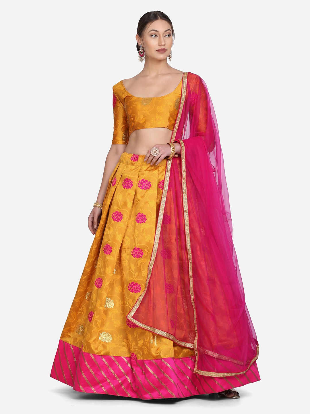 

Warthy Ent Yellow & Pink Printed Semi-Stitched Lehenga & Unstitched Blouse With Dupatta